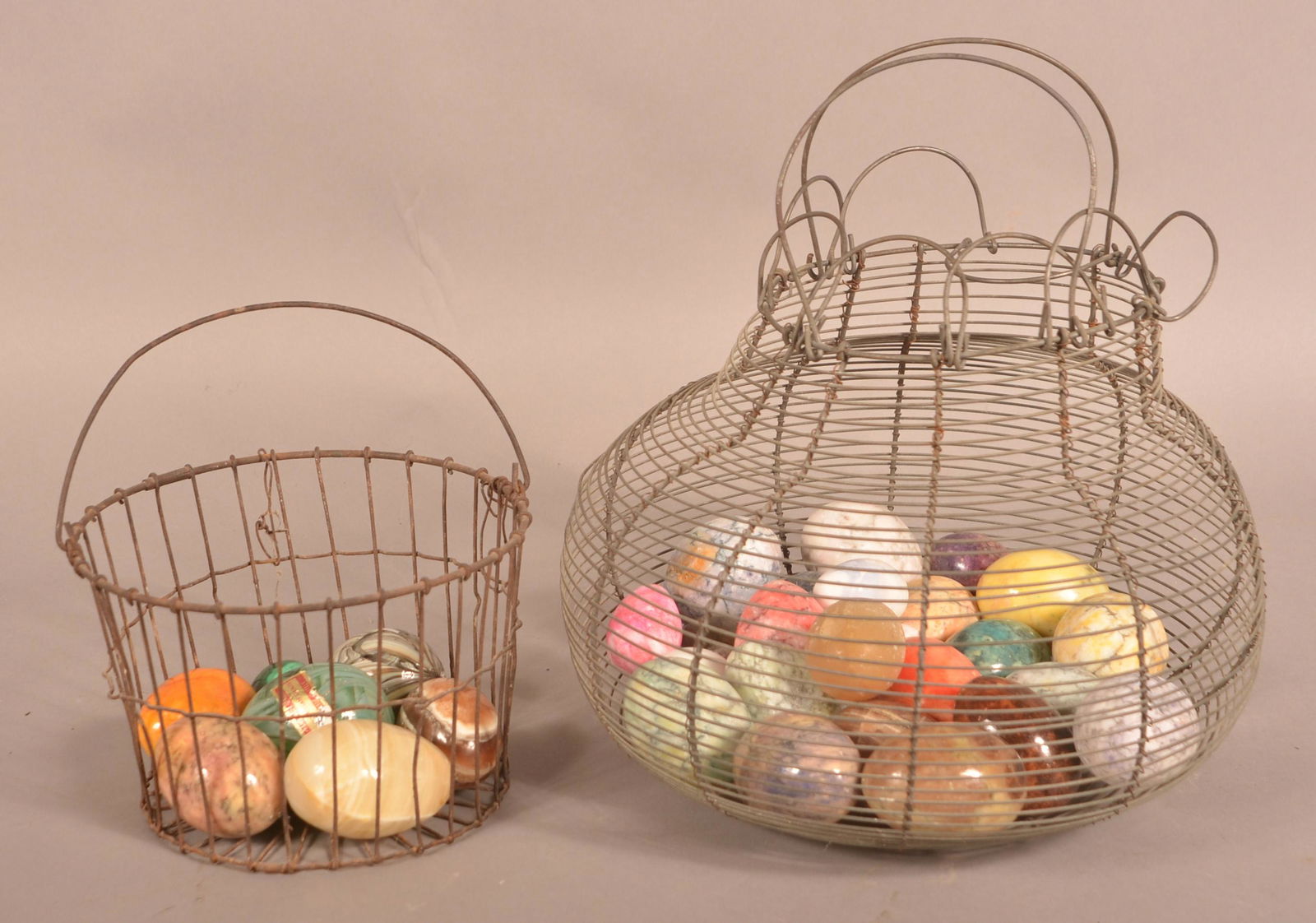 Two Wire Egg Baskets with 31 Stone/Marble Eggs. (1 of 4)