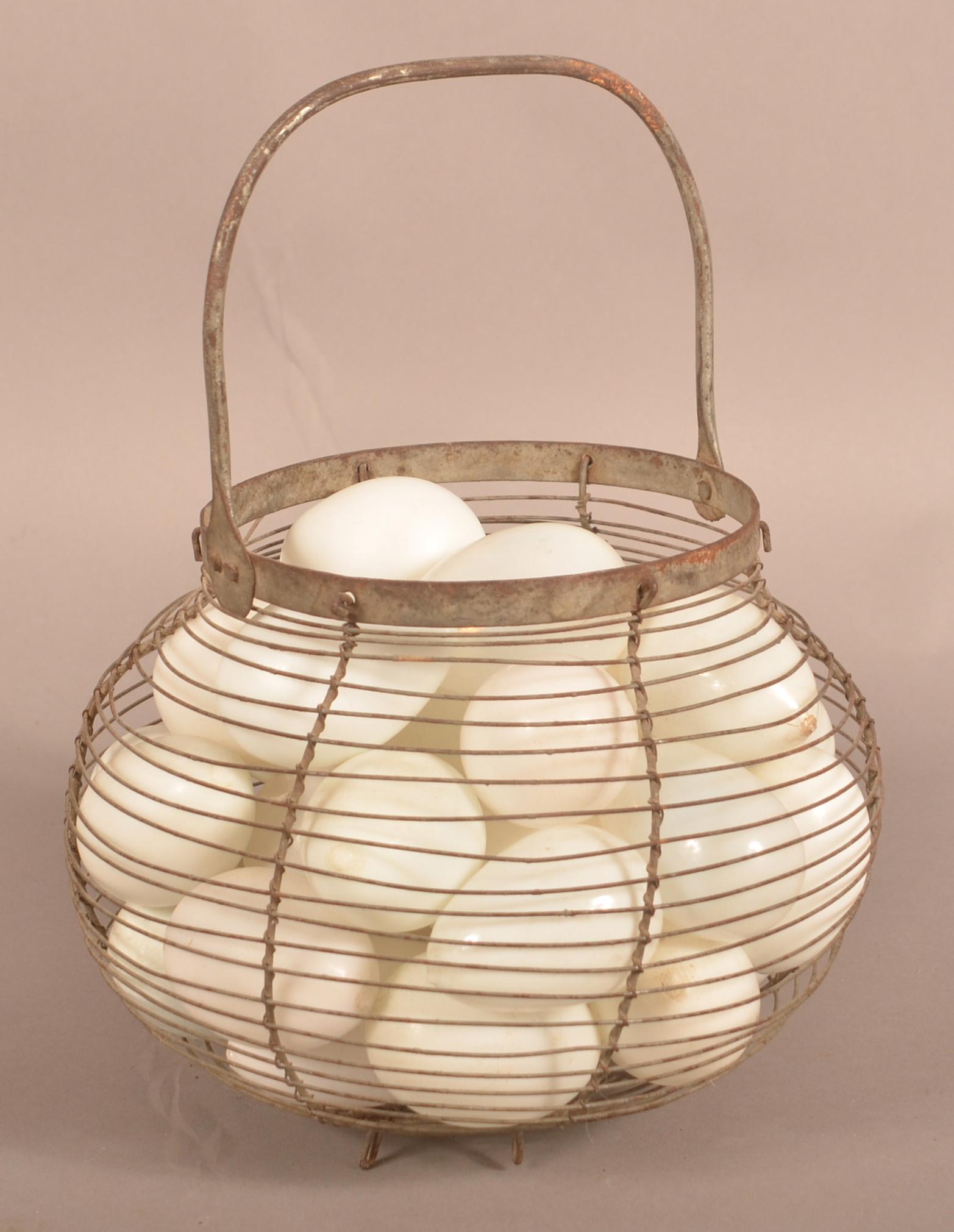Antique Wire Egg Basket with 34 Blown Glass Eggs. (1 of 2)