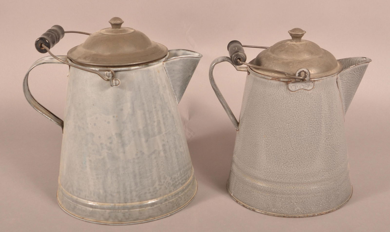 Two Gray Agate Coffee Kettles with Tin Lids. (1 of 3)