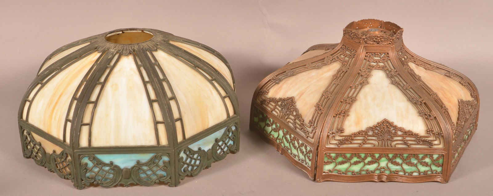 Two Slag Glass Table Lamp Shades. (1 of 6)