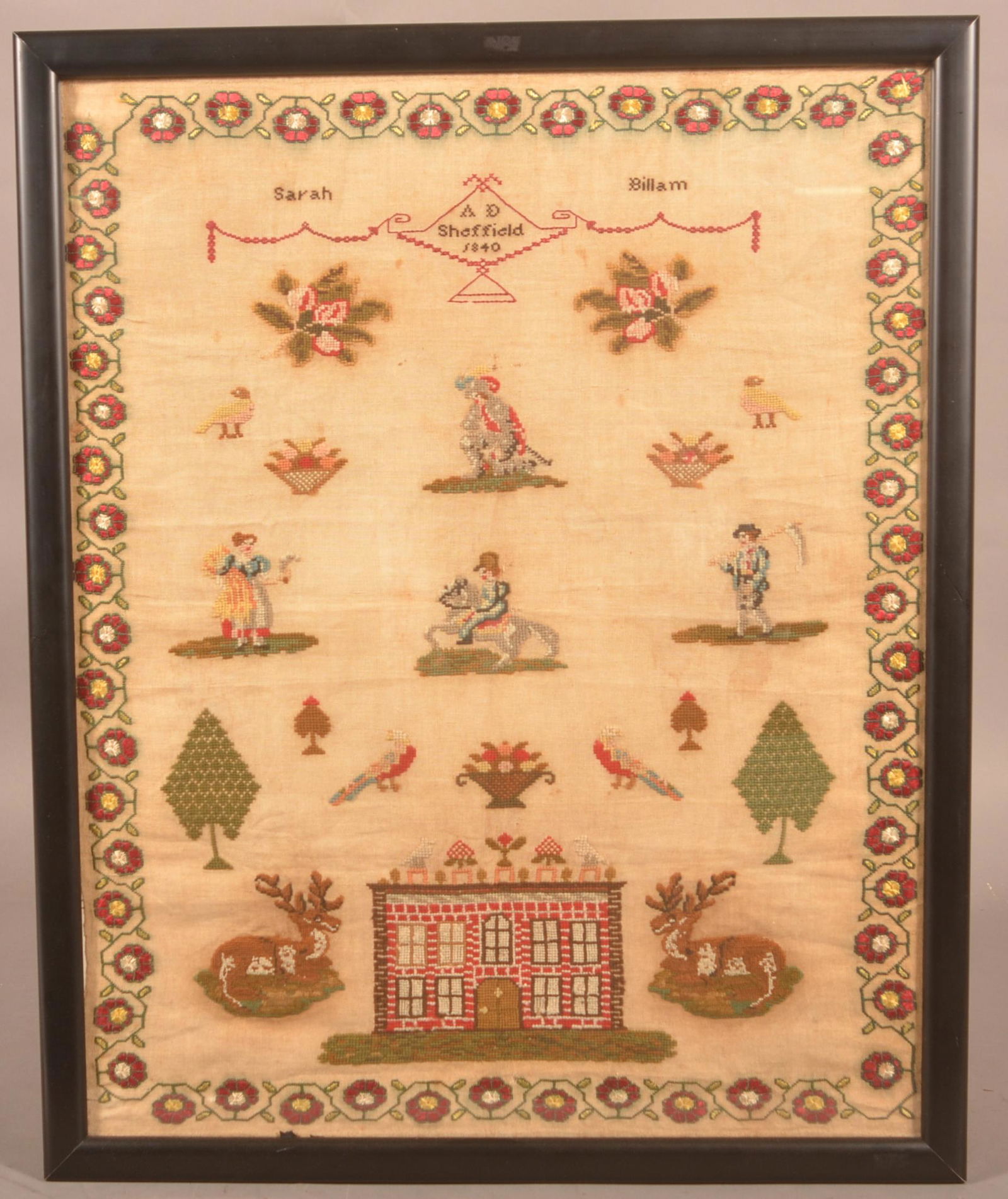 Framed English 1840 Needlework Pictorial Sampler. (1 of 4)