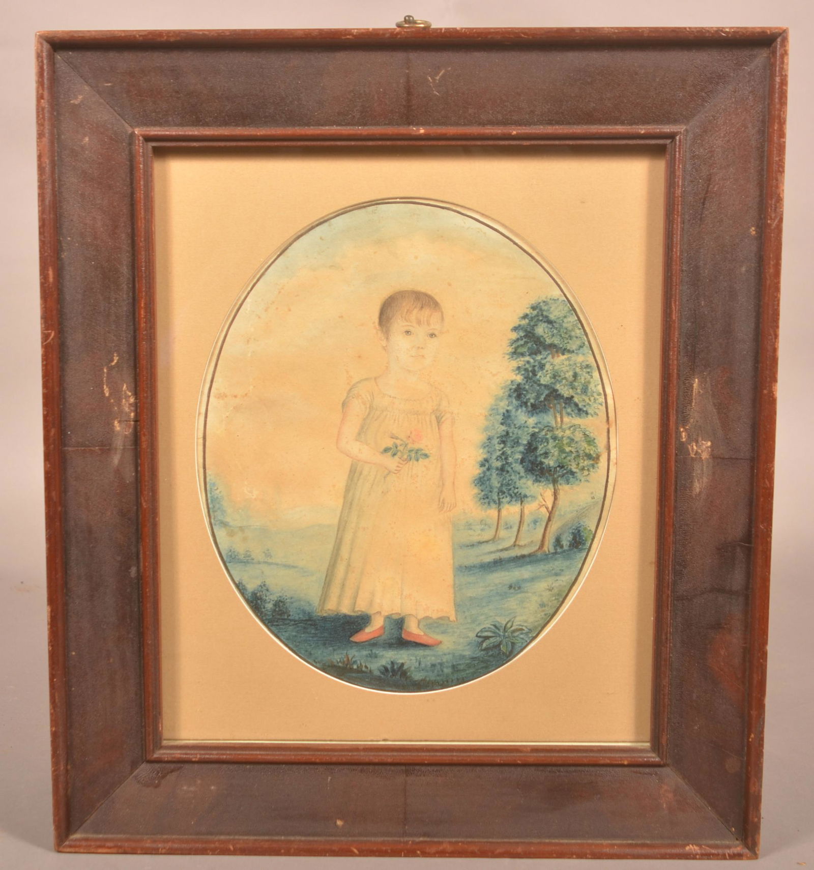 Watercolor of a Young Girl Attributed to Jacob Maentel.: Watercolor of a Young Girl Attributed to Jacob Maentel. (American 1763-1863). Unsigned. framed and matted. 15-1/2" x 13-1/2" overall.