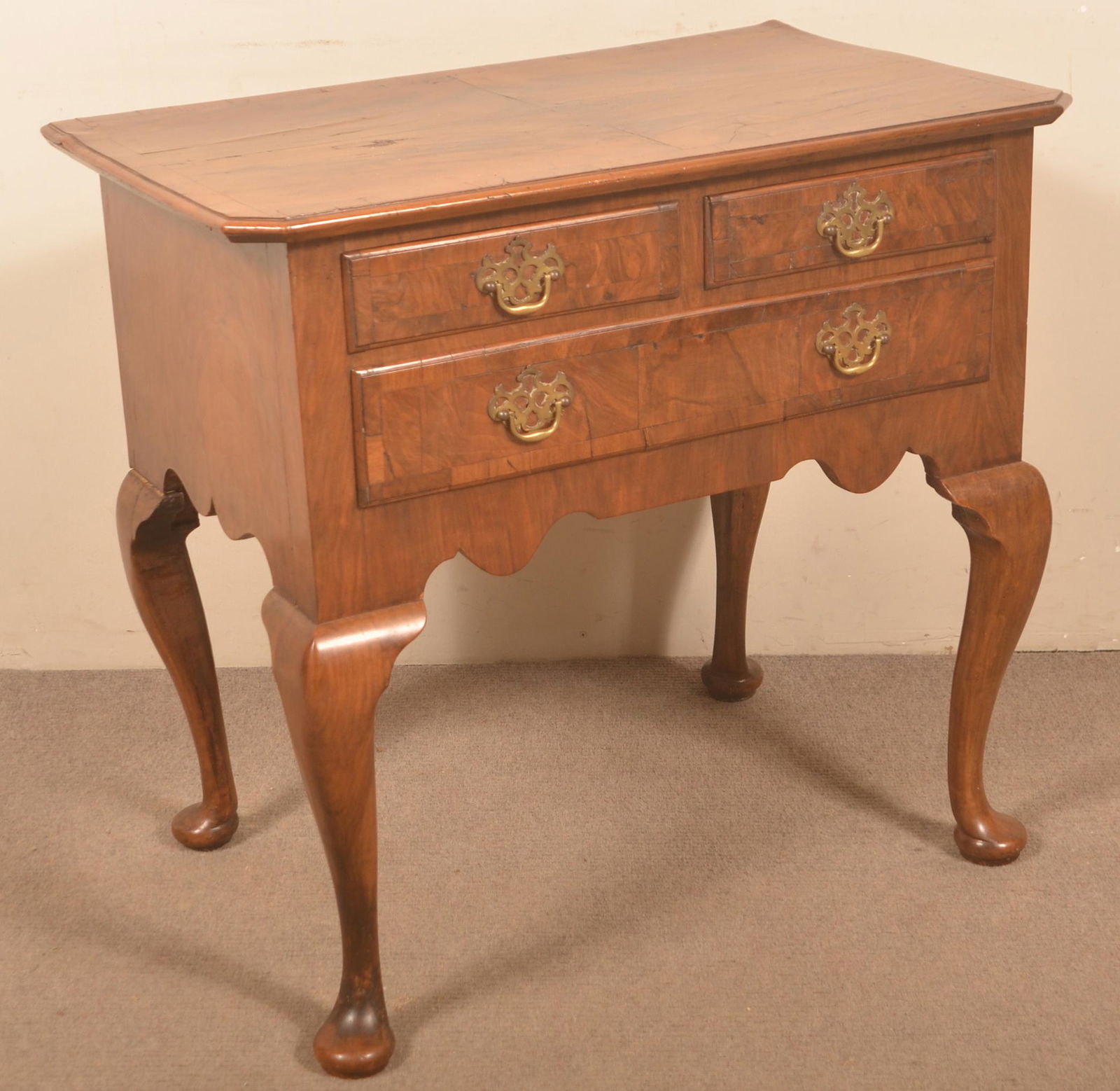 English Queen Anne Burlwood Lowboy.: English Queen Anne Burlwood Lowboy. 29"h. x 31"w. x 19-1/2"d.