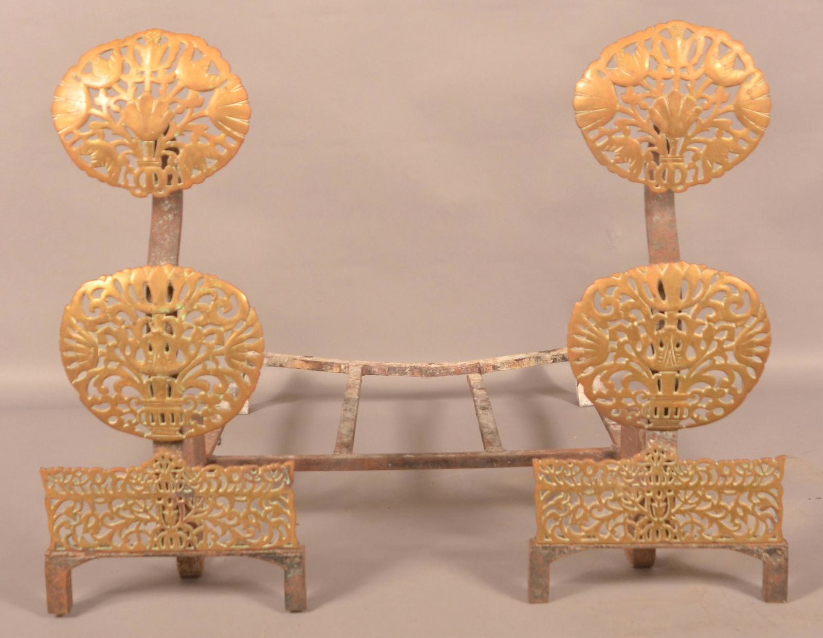 Large Brass and Iron Single Piece Andiron Set. (1 of 4)