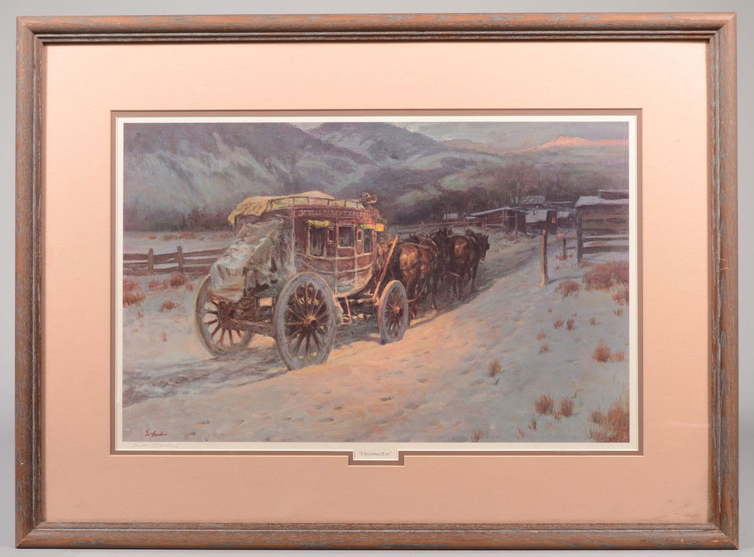 Color Print of a Snow Bound Stage Coach titled: "C: Color Print of a Snow Bound Stage Coach titled: "Christmas Eve." Signed in print and again in pencil on margin: "Sejas Markos." Double matted in a brown wood frame: 13"h. X 20 1/4"w. sight and 21"h. X
