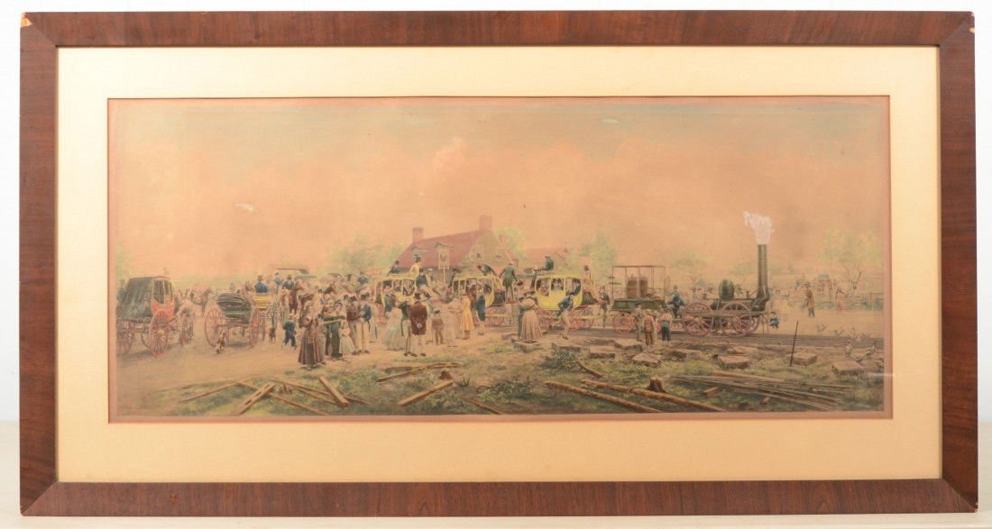 First Run of an Early Locomotive and Coach Cars, L: First Run of an Early Locomotive and Coach Cars, Large Handcolored Print. View is of a large group of people in 1830's era clothing at a Tavern with crossroads sign for Schenectady, N.Y. Matted image
