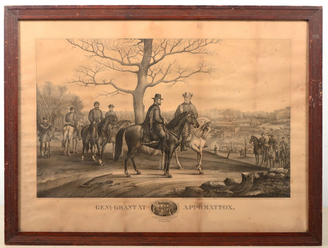 "General Grant at Appomattox." B&W Lithographic Pr: "General Grant at Appomattox." B&W Lithographic Print. Image shows Generals Grant and Lee on horseback, surrounded by troops. Inset of Mclean House where articles of surrender were signed. Sketched at