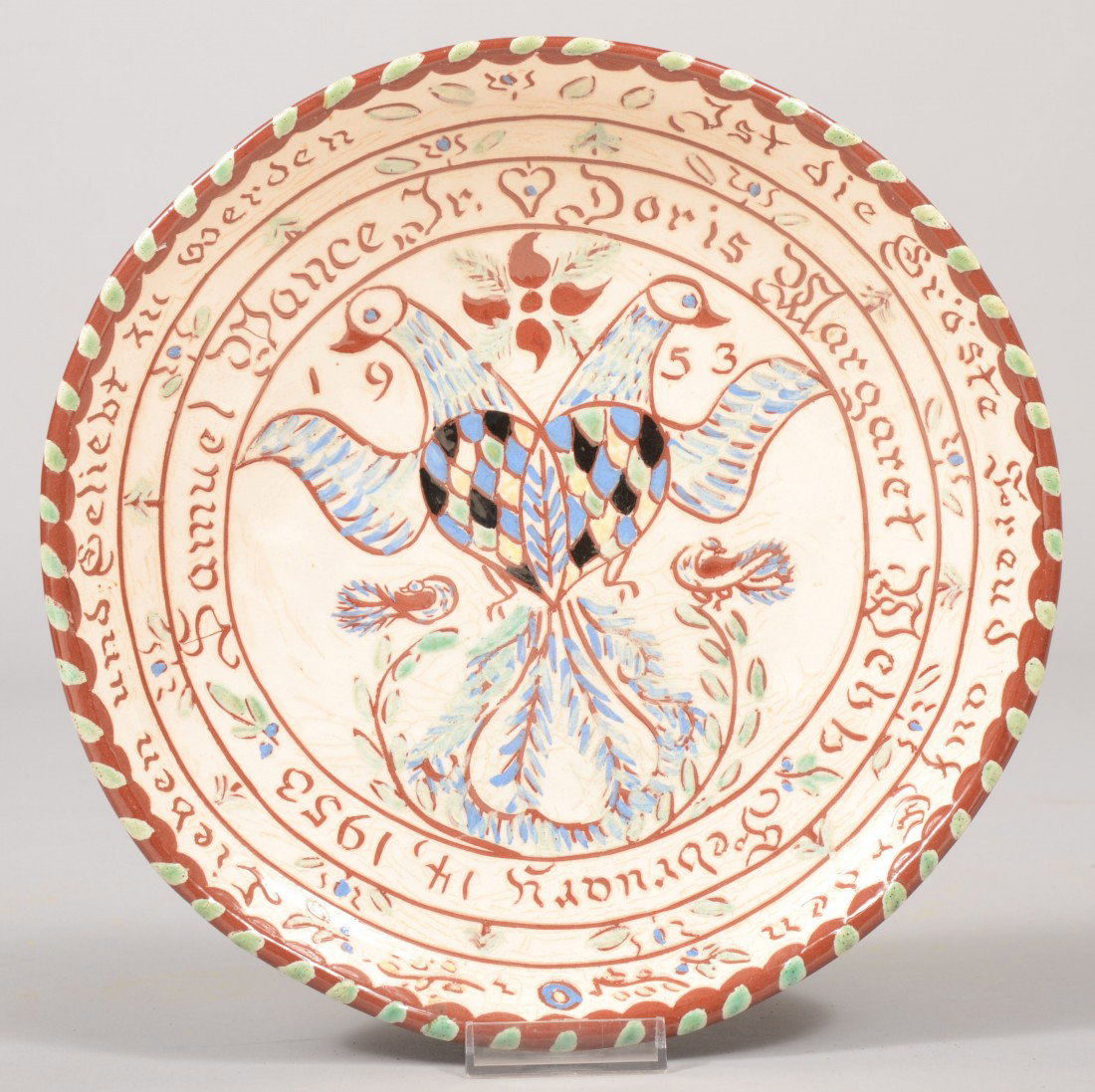 White Slip and Scraffito Decorated Wedding Present: White Slip and Scraffito Decorated Wedding Presentation Dish. Central design of a two headed Distilfink with heart body done in blue, green, black and cream scales or feathers. Made for: "Samuel Vance