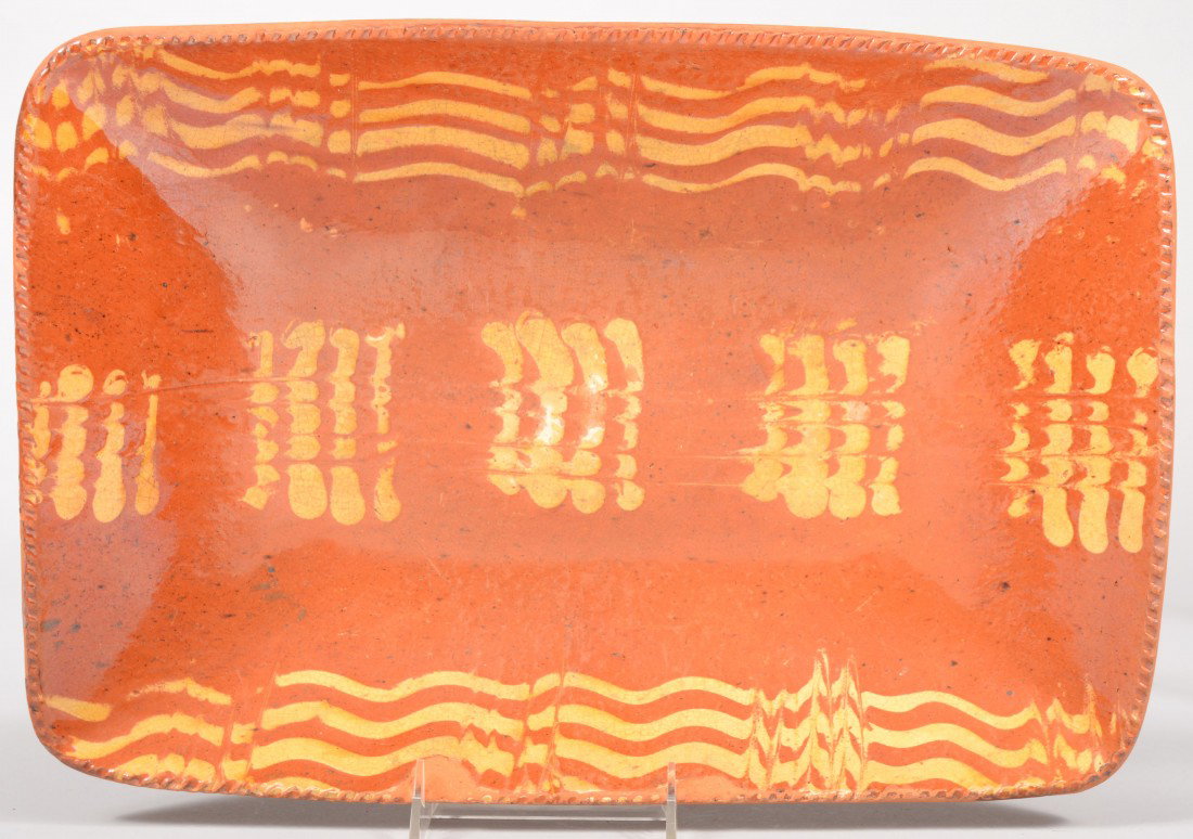 Large Rectangular Redware Trencher. Three sets of 