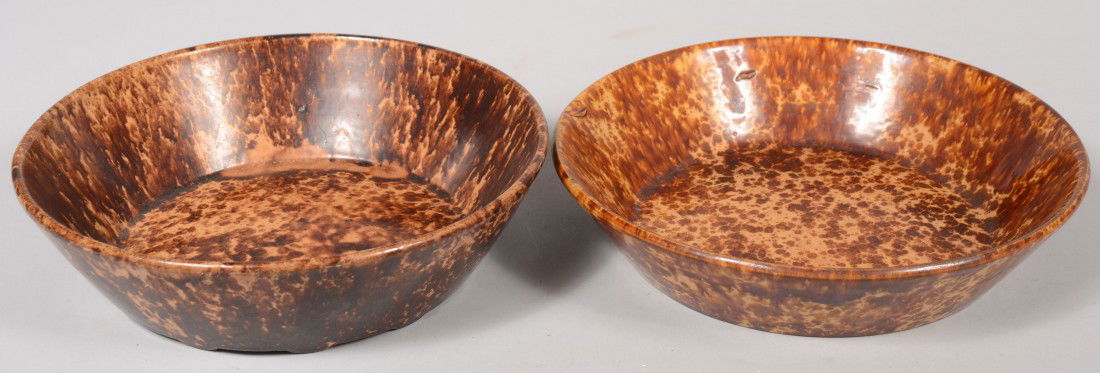 Two Large Rockingham Glazed Yellowware Baking Pans: Two Large Rockingham Glazed Yellowware Baking Pans. Canted straight sides. 10 3/4"dia. And 11"dia. Condition: Good, no damage.