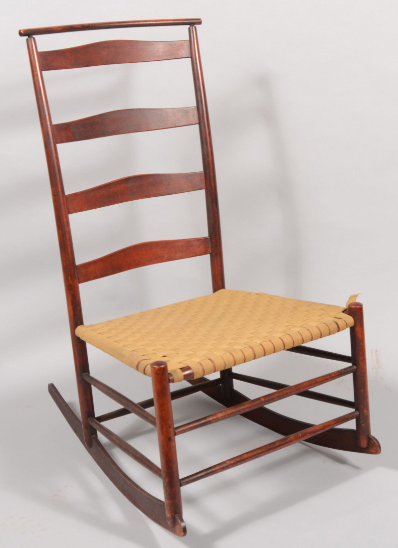 Shaker Mixed-wood Rocking Chair with wove cloth se: Shaker Mixed-wood Rocking Chair with wove cloth seat. Seat height 16", 40 1/2" high overall. Condition: good with minor wear.