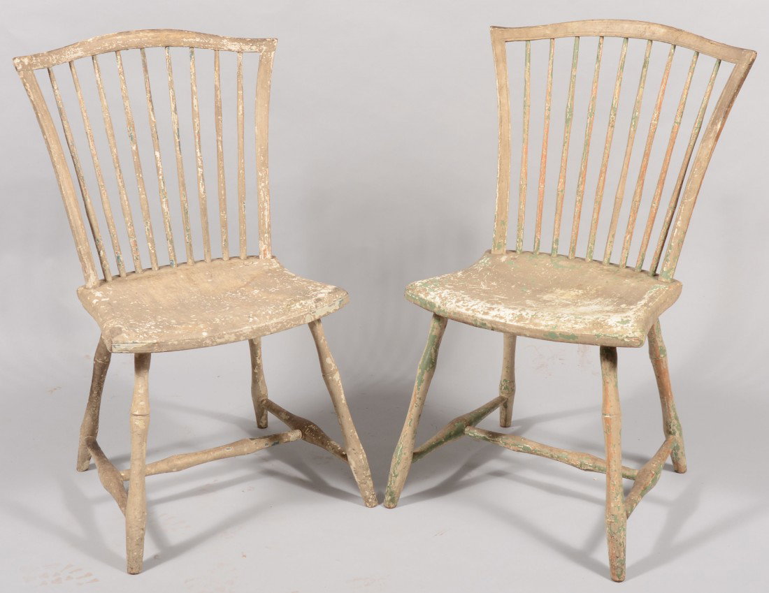Pair of Bamboo-turned Windsor Sidechairs with Nine: Pair of Bamboo-turned Windsor Sidechairs with Nine spindle-backs, shaped plank seats and turned splayed legs with remnants of white paint over green. Seat height 17", 34 `1/2" high overall. Condition: