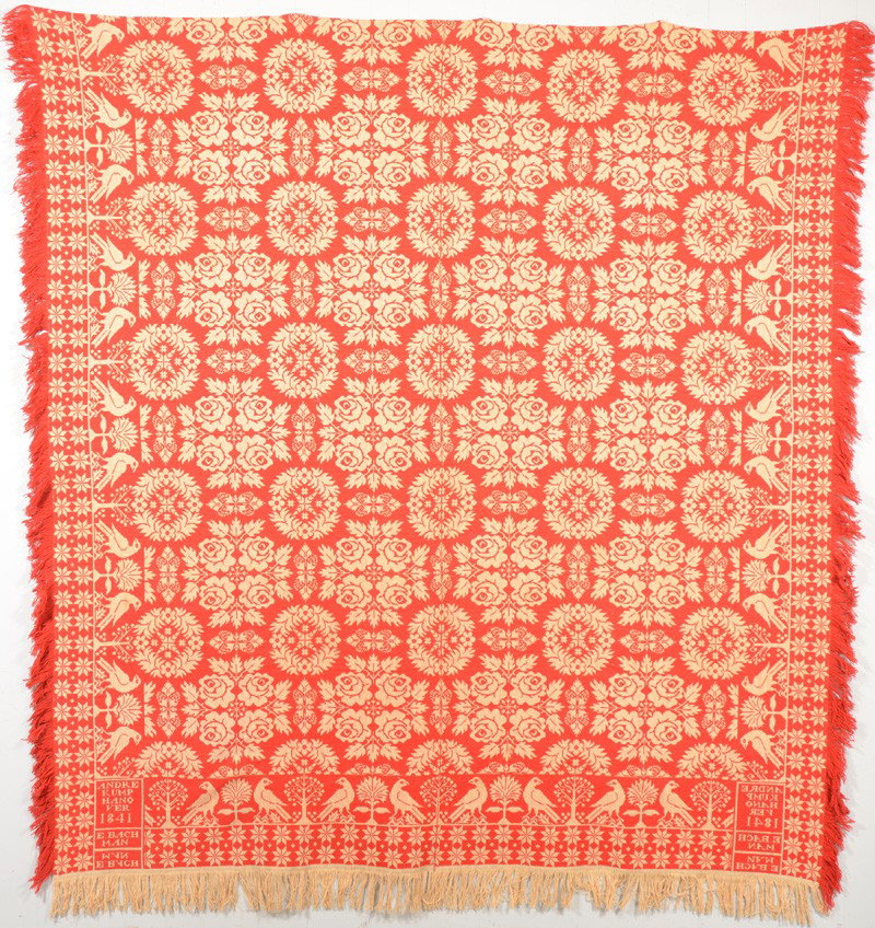 Two Color Wool on Cotton Coverlet. Red wool weft o: Two Color Wool on Cotton Coverlet. Red wool weft on white cotton warp. Both fringed. Large main field of quatrefoil of roses and foliate wreathes. No central medallion. Border composed of opposing bir