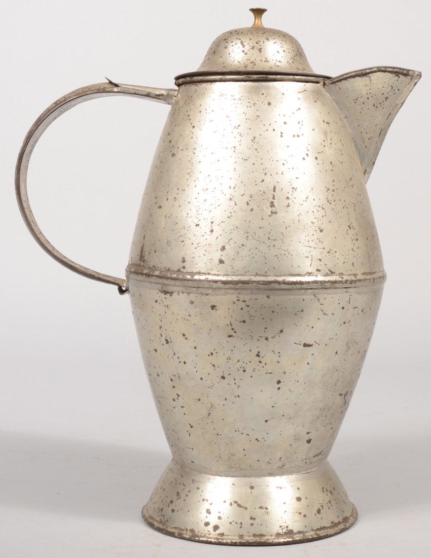 Bi-conical Tin Plated Sheet Iron Coffee Pot. Mid s: Bi-conical Tin Plated Sheet Iron Coffee Pot. Mid seam, flared foot, applied loop handle, 'hawk beak' spout and hinged dome cover with brass mushroom knob. Bottom stamped with an Arm and Hammer, "Shop 