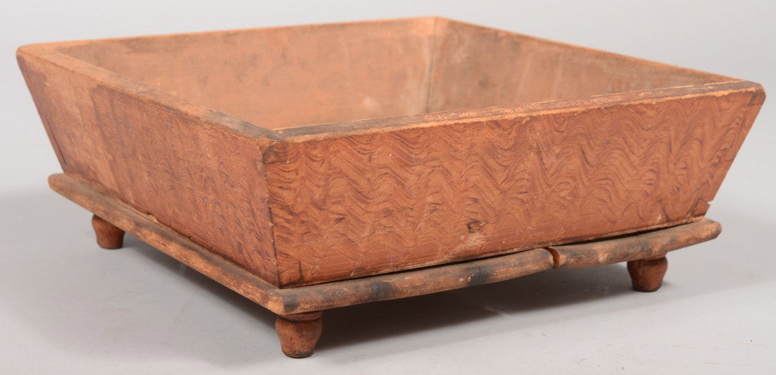 Faux Grained Softwood Apple Tray or Spit Box. Red: Faux Grained Softwood Apple Tray or Spit Box. Red on straw graining to canted sides, round edge protruding bottom board with four short turned feet. 4 1/4"h. X 11 1/8" X 11 1/8" Condition: Good with u