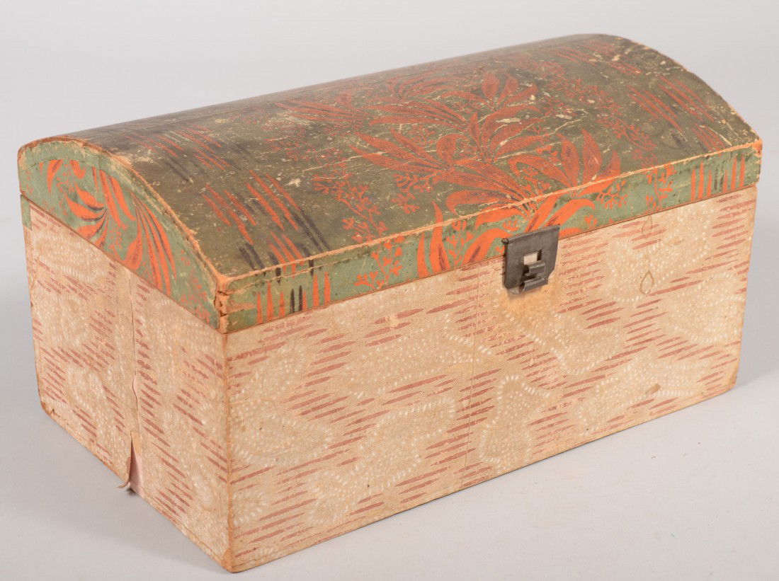 Small Wall Paper Covered Dome Top Wood Chest. Two: Small Wall Paper Covered Dome Top Wood Chest. Two different printed paper coverings between top and bottom. Tinned sheet iron hasp. Unlined interior. Unmarked. 7 1/4"h. X 13 1/2"w. X 8 1/4"d. Conditio