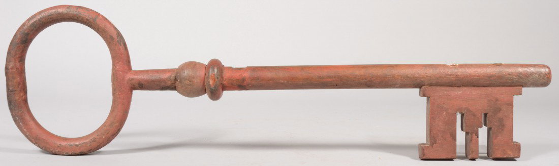 Large Carved Wood Lock Key Trade Sign. Three dimen: Large Carved Wood Lock Key Trade Sign. Three dimensional carving with applied tang, stop and knop. Painted red. 33 1/4"l. X 9 1/2"w. Condition: Good with use wear.
