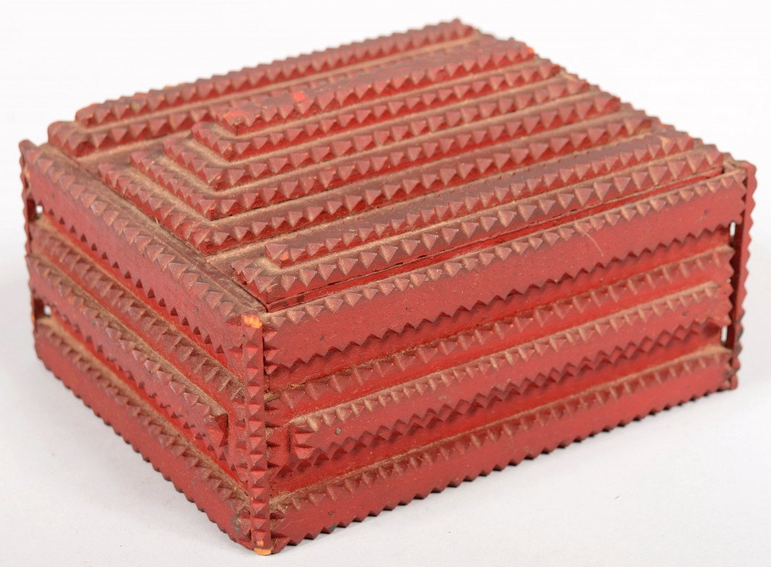 Red Painted Tramp Art Desk Box. Chip carved and la: Red Painted Tramp Art Desk Box. Chip carved and layered strips adorn sides and lift lid. Box obviously made from cigar boxes, painted red and lined with blue silk. 4"h. X 6 3/4"l. X 5 1/4"w. Condition