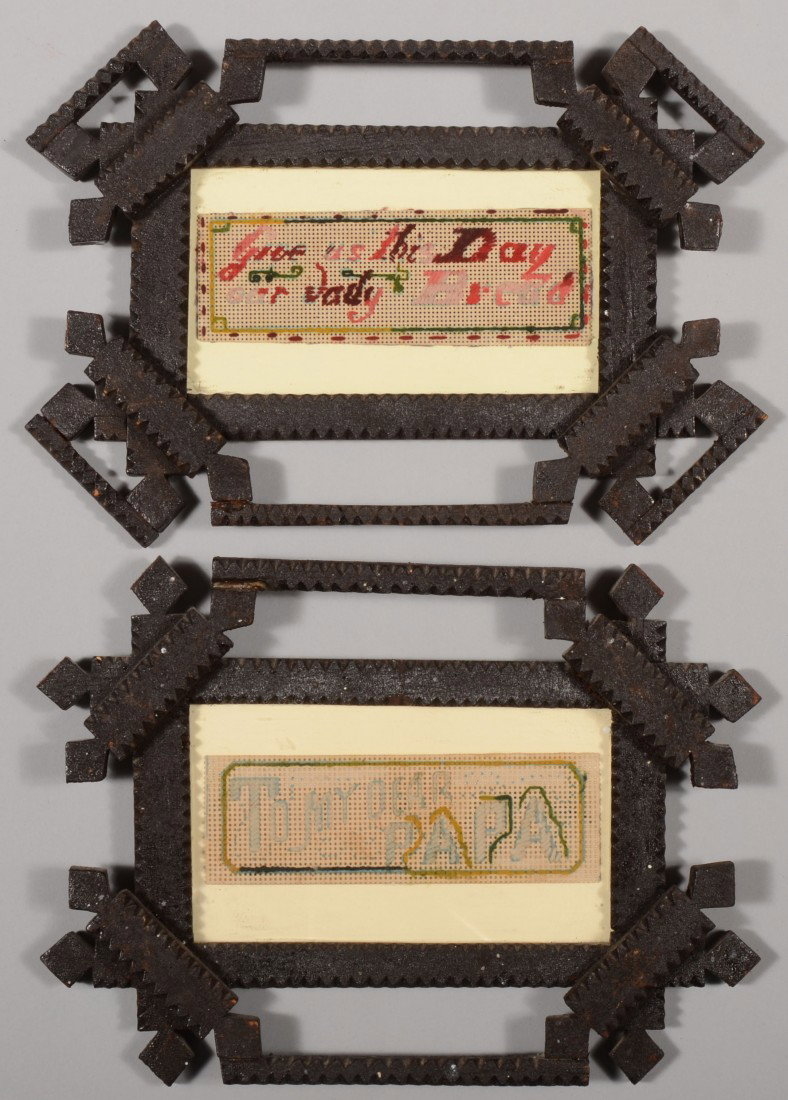 Pair of Tramp Art Chip Carved Picture Frames. Dark: Pair of Tramp Art Chip Carved Picture Frames. Dark stained assemblage of chip carved and picket cut pieces of wood. Both frames hold die punched needlepoint exercises. 6 1/2"h. X 10"w. Condition: Both