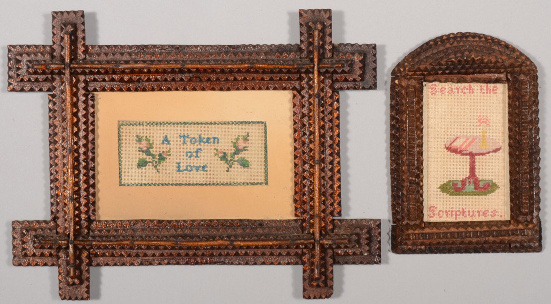 Two Small Tramp Art Picture Frames. A 'tombstone': Two Small Tramp Art Picture Frames. A 'tombstone' shaped frame with domed top, four layer chip carving and holding a die punched needlepoint exercise. 6 3/8"h. X 4 1/4"w. Along with a criss-cross corn