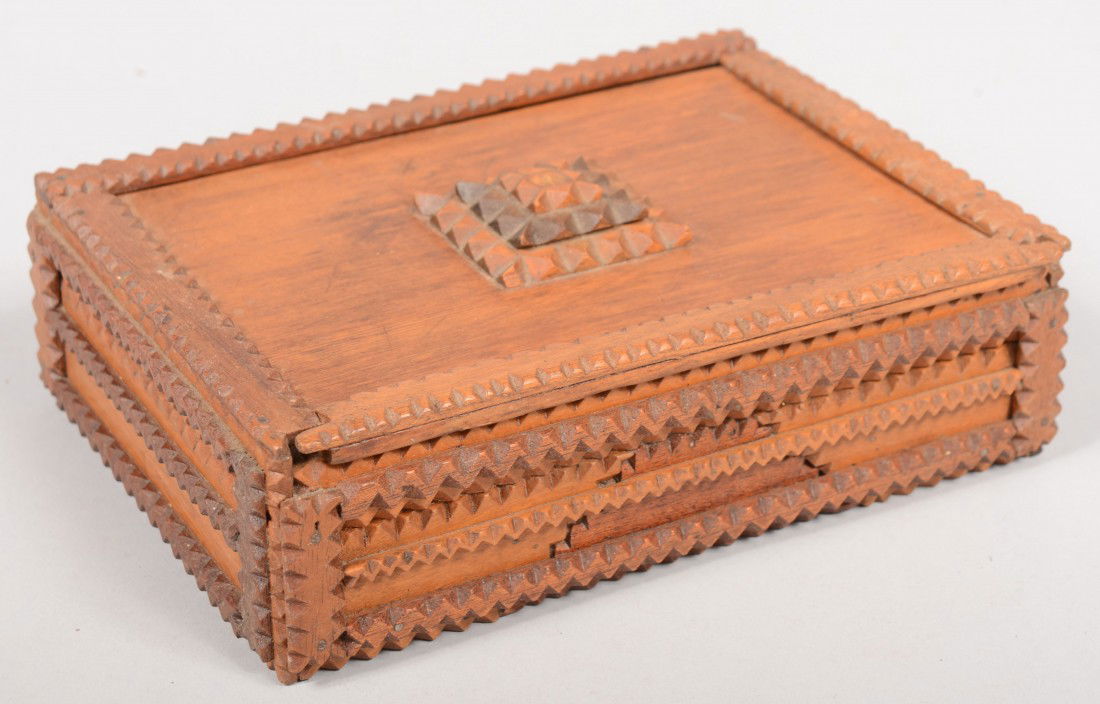 Tramp Art Slide Lid Cigar Box. Applied chip carved: Tramp Art Slide Lid Cigar Box. Applied chip carved strips decorate this otherwise unaltered cigar box. The lid bears its original inner label: "Salinda" with a picture of a bonneted woman, 5 cents. 2