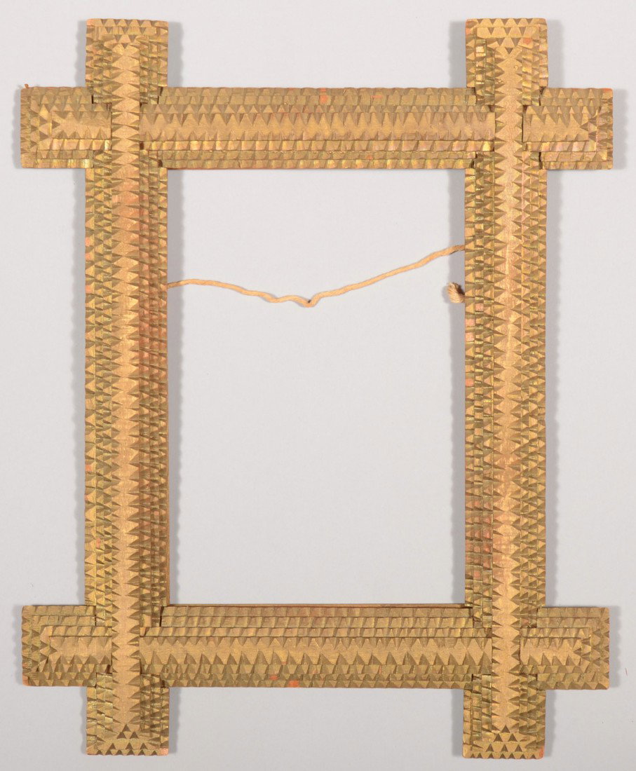 Gold Painted Tramp Art Picture Frame. Criss-cross : Gold Painted Tramp Art Picture Frame. Criss-cross style wood frame with rabbited slide-in back for glass and picture. 15 3/4"h. X 10 1/2"w. Condition: Good with use wear.
