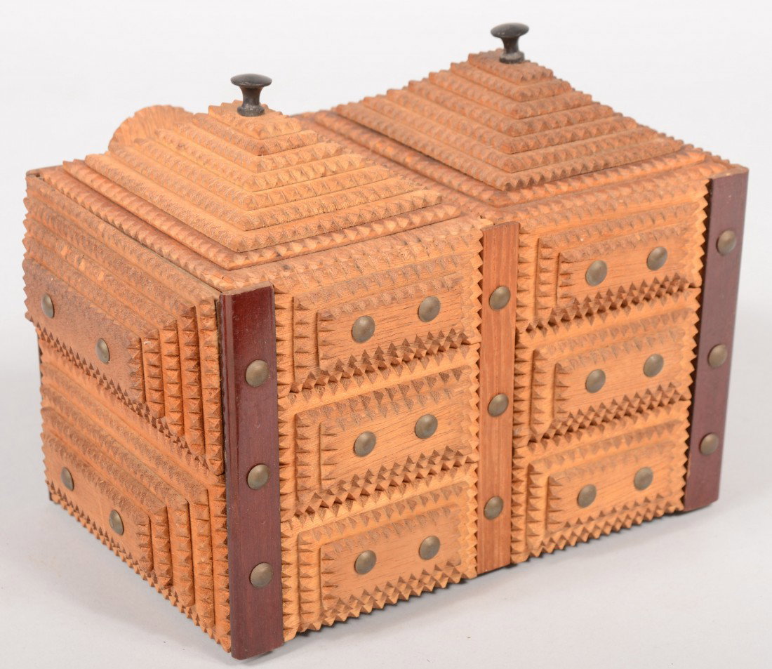 Double Compartment Tramp Art Trick Still Bank and : Double Compartment Tramp Art Trick Still Bank and Vault. Separate compartments in one box decorated by three layer builds of light wood with brass tacks. Corner stiles and base made of finished mahoga