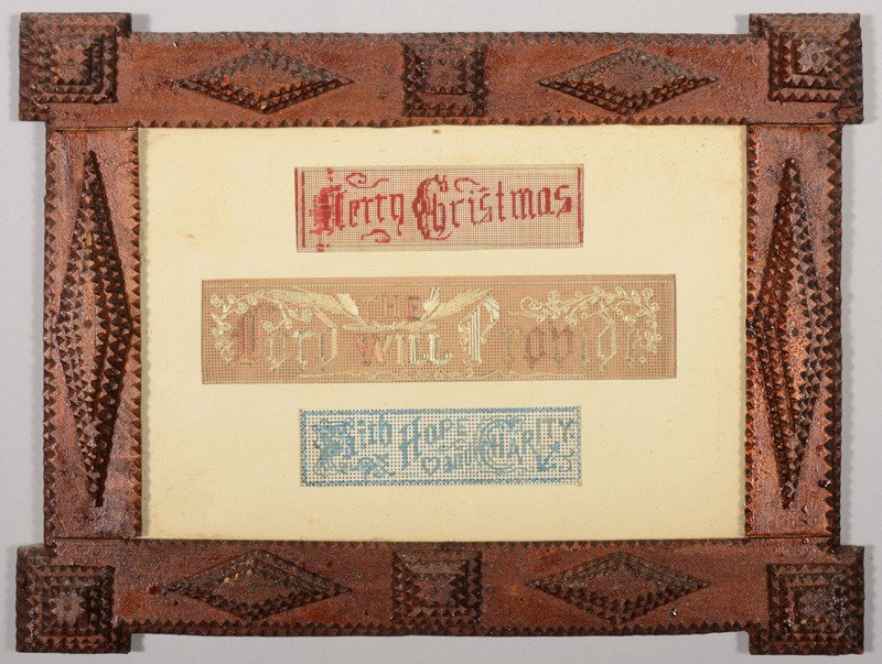 Tramp Art Picture Frame. Overlapped joined corners: Tramp Art Picture Frame. Overlapped joined corners with extended block design. Square, diamond three layer pyramids adorn face of frame strips. Frame contains three matted die punched needlepoint exer