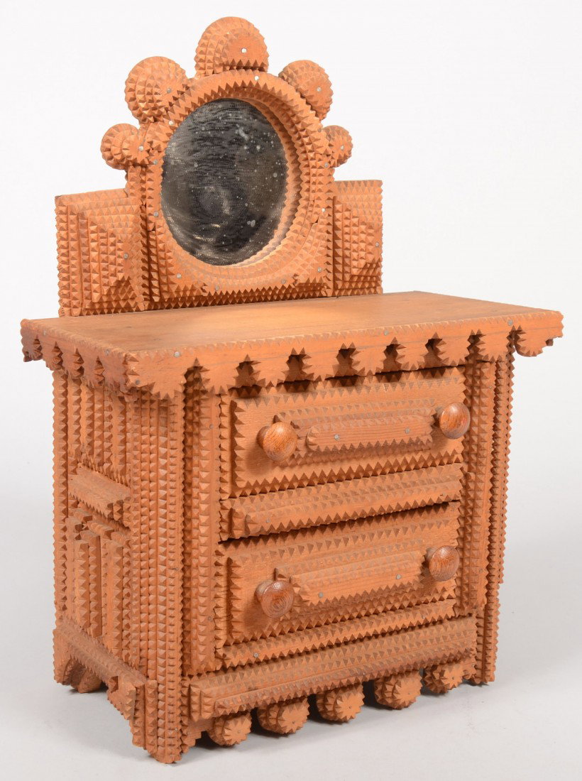 Tramp Art Doll Dresser with Circular Mirror Back. : Tramp Art Doll Dresser with Circular Mirror Back. Case features two wide drawers with three, four and five layer strip builds on sides and front. Ends have bracketed feet, but front uses a series of f