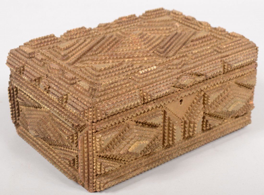 Gold Painted Tramp Art Dresser Box. Finely carved : Gold Painted Tramp Art Dresser Box. Finely carved and profusely decorated box featuring multiple shapes: triangles, rectangles, diamonds and rosettes of three to seven layered pyramids and borders. Bo
