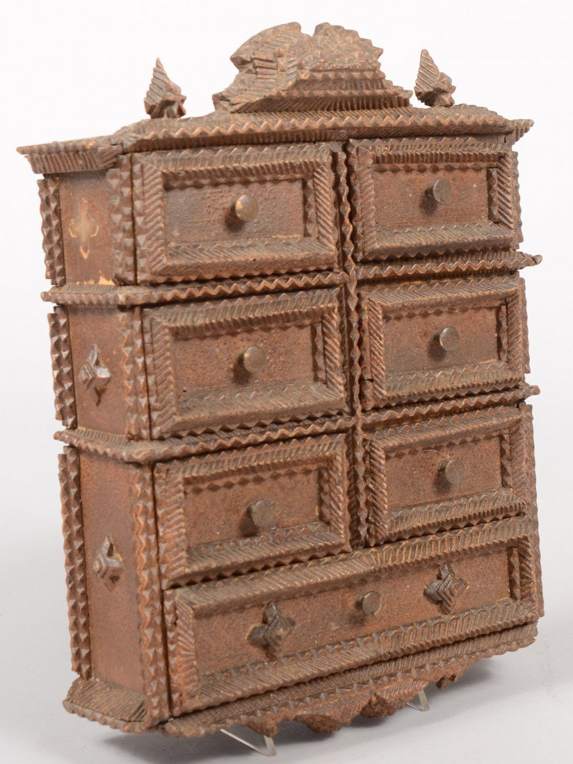 Wall Hanging Seven Drawer Spice Cabinet. Drawer fr: Wall Hanging Seven Drawer Spice Cabinet. Drawer fronts and sides framed with chip carved and herringbone reeded borders creating recessed panels. Side panels have small carved Greek crosses as does wi