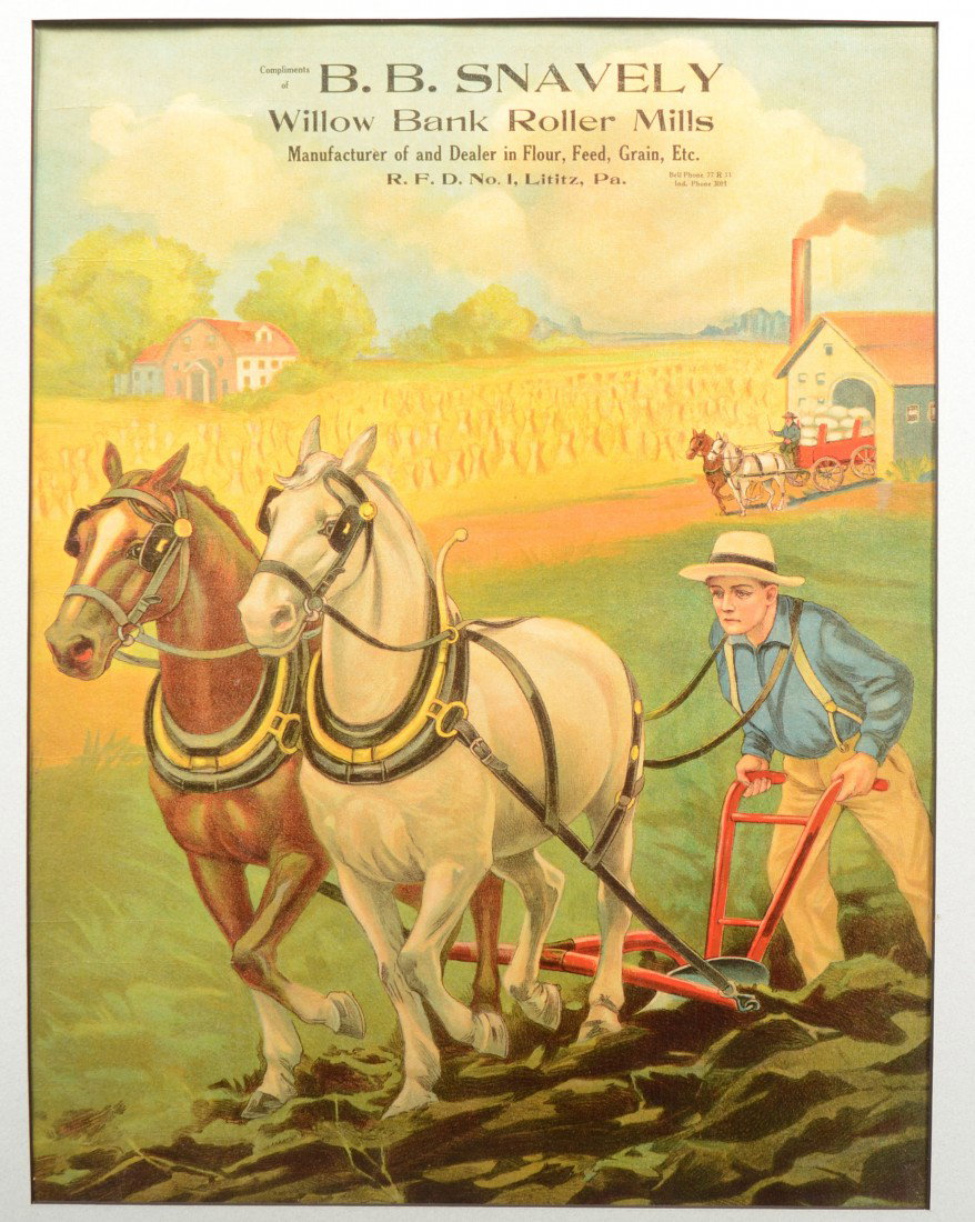 B.B. Snavley, Willow Bank Roller Mills, Lititz, PA.: B.B. Snavley, Willow Bank Roller Mills, Lititz, PA. Poster. Color lithograph of a plowman and wagon driver in the field with details of business with title. Poster is sandwiched between a matte and fo