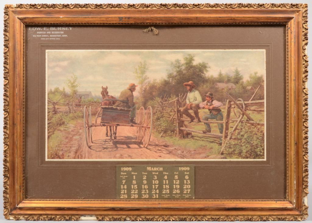 Illustrated Calendar Card for "Edw. E. Bursey, Pain: Illustrated Calendar Card for "Edw. E. Bursey, Painter & Decorator, Bridgeport, Conn." for the year 1909. Color print copy of a painting titled: "News of the Election." by E.L. Henry, 1896, on gray ca