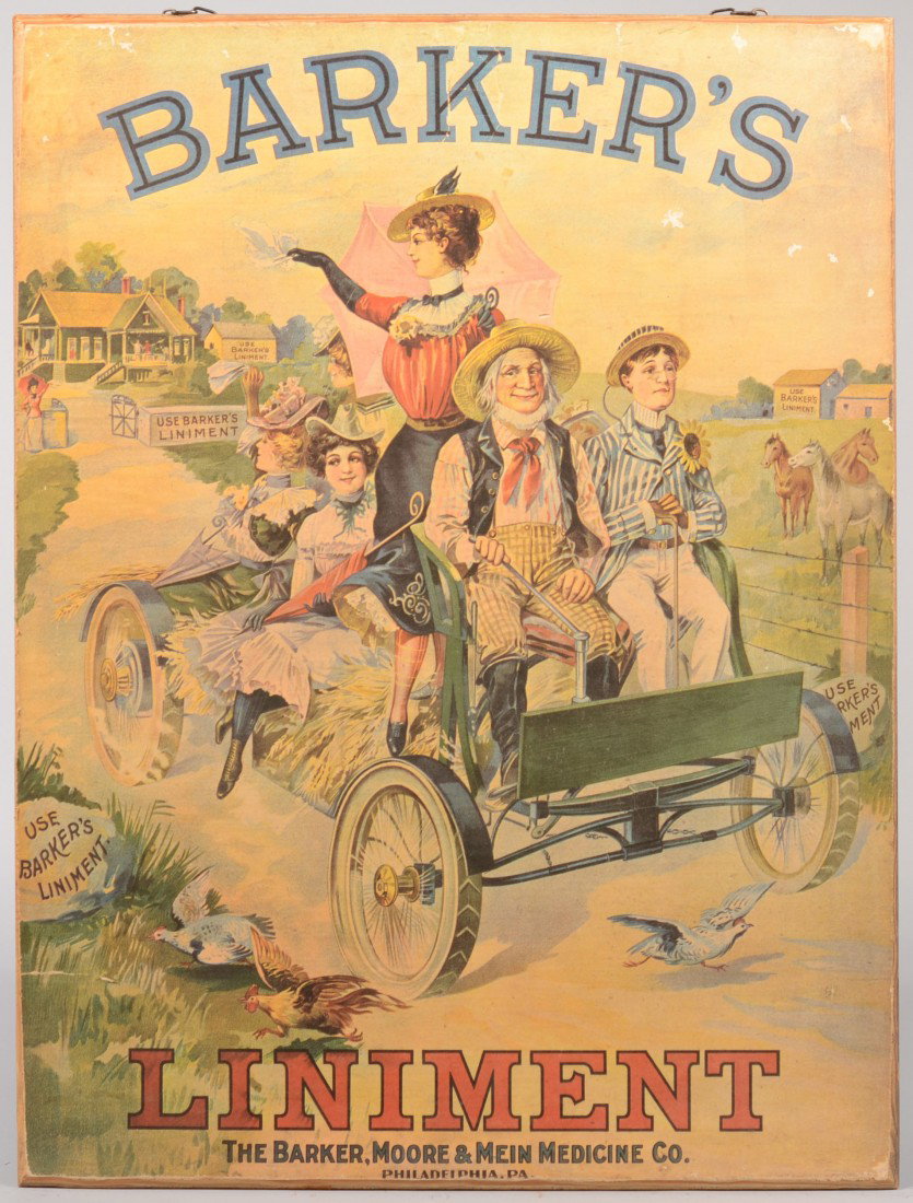 Reproduction of a Barker's Liniment Poster. Image o: Reproduction of a Barker's Liniment Poster. Image of a farmer driven early motor car filled with fancy ladies and a 'dude' on a hay ride. 'Use Baker's Liniment' on every barn. Mounted on a piece of pl