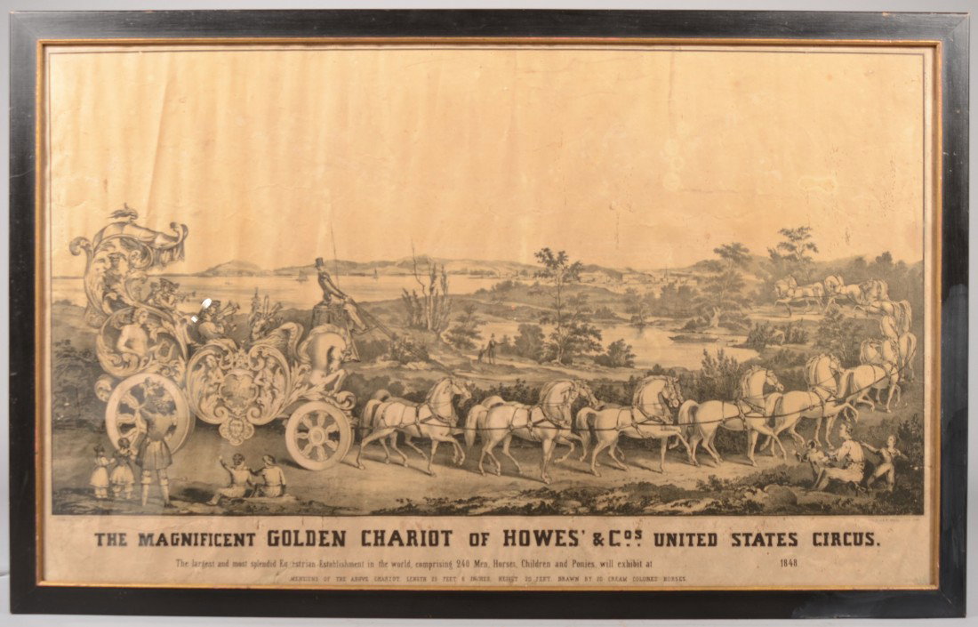 B&W Lithographic Circus Poster of "The Magnificent : B&W Lithographic Circus Poster of "The Magnificent Golden Chariot of Howe's & Co's. United States Circus, 1848. Image of this Band Wagon with twenty white horse team. Mounted in a flat black painted w