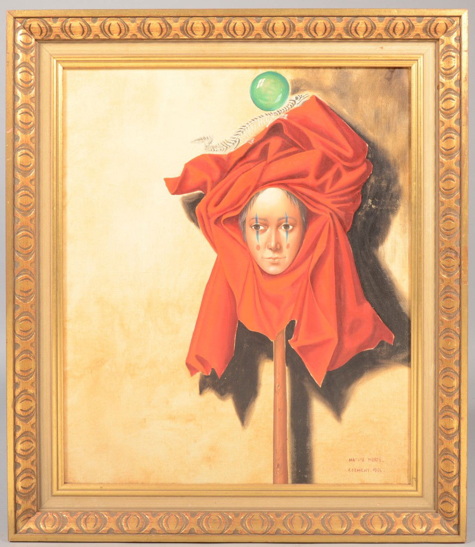 "Nature Morte' " Oil on Canvas. Composition of a je: "Nature Morte' " Oil on Canvas. Composition of a jesters head on a stick enshrouded by red fabric and surmounted by a lizard skeleton. Signed in lower right: "Clement, 1965" for Marie Helene Clement,