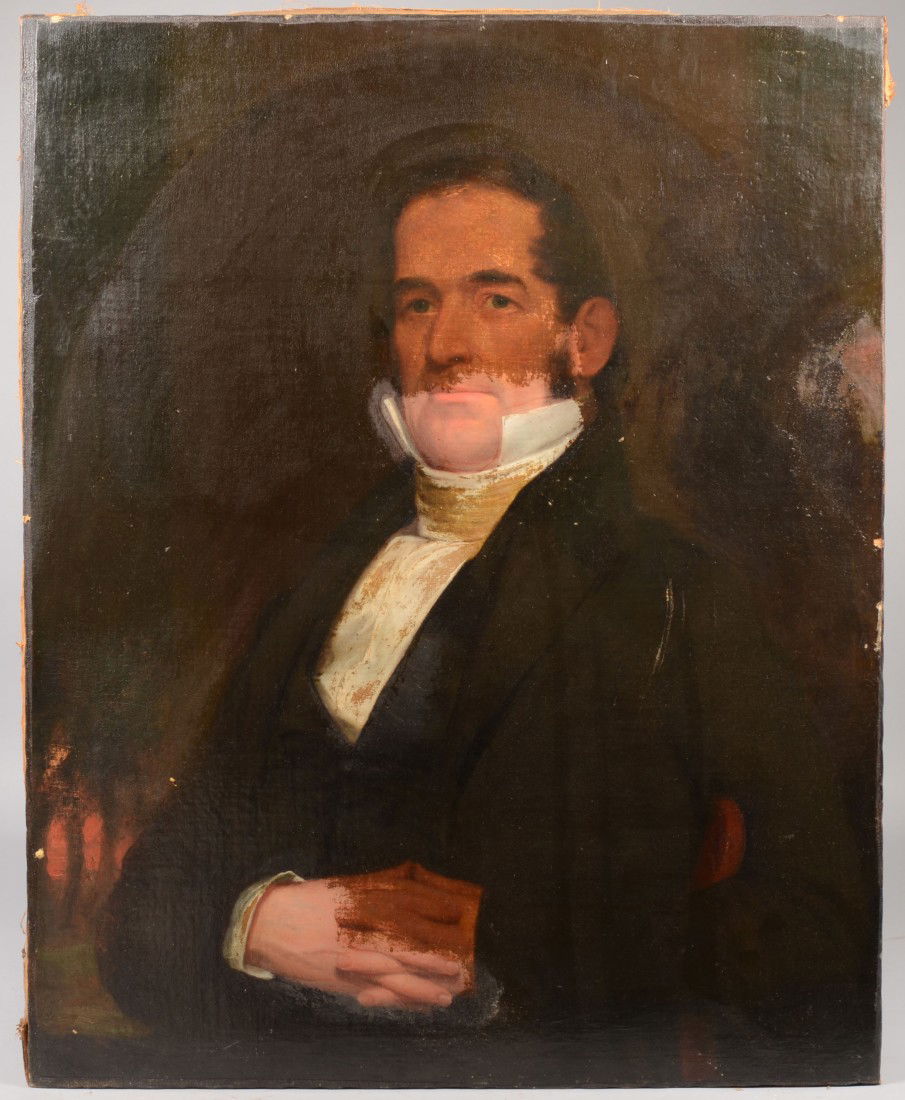 Unframed Bust Portrait of a Gentleman, Oil on Canva: Unframed Bust Portrait of a Gentleman, Oil on Canvas. Images shows man dressed in high collared 'Cheek cutter' shirt with white cravat and black suit coat, circa 1840, with hands clasped. No signature