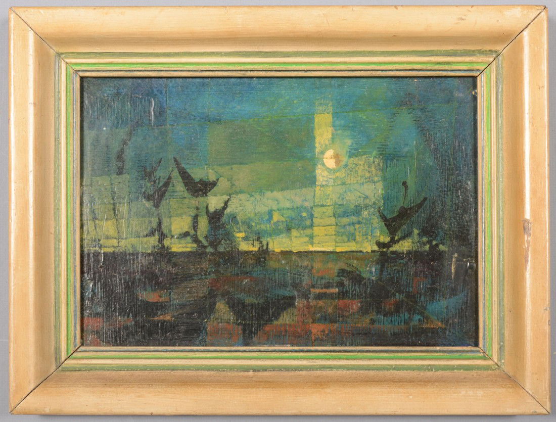 Abstract Oil on Composition Board Titled: "Garden o: Abstract Oil on Composition Board Titled: "Garden of the Moon Child" by Lawrence M. Daws as signed verso. Daws was born in Australia in 1927 and schooled at Saint Peter's College. 7 1/2"h. X 11"w. sig