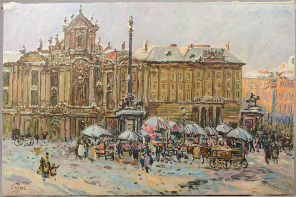 Italian Street Market Scene, Impressionist Oil on C: Italian Street Market Scene, Impressionist Oil on Canvas. Signed: "Cavelli" in lower left corner. Large building behind umbrellas over market tables, people, carts. Unframed: 23 1/2"h. X 35 1/2"w. Con
