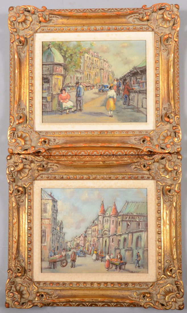 Two 20th Century Cityscapes, Oil on Artist Board. B: Two 20th Century Cityscapes, Oil on Artist Board. Both signed in lower right: "M. Eaton." Colorful impressionist street scenes. Mounted in carved and gilded wood frames with linen matte: 7 1/2"h. X 9