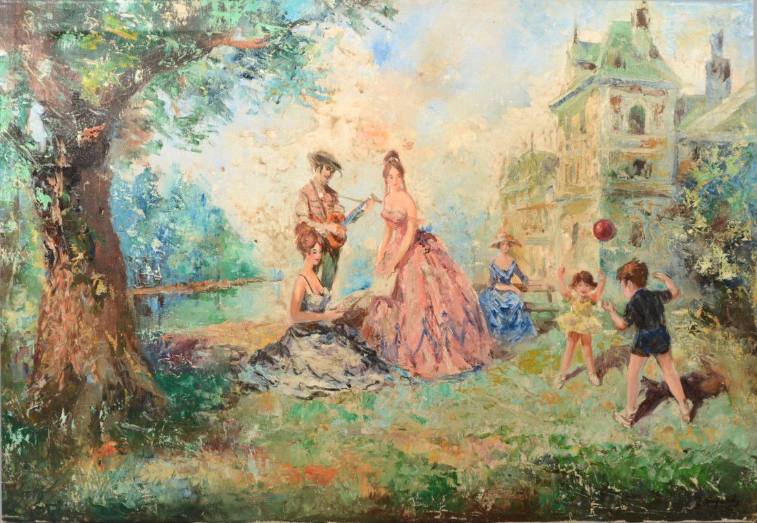 Guitarist Serenading Women in Gowns, Oil on Canvas.: Guitarist Serenading Women in Gowns, Oil on Canvas. Signed in lower right: "J. Suyard." View by a stream with two children playing on right. Canvas on stretcher without frame: 24"h. X 35"w. overall. C