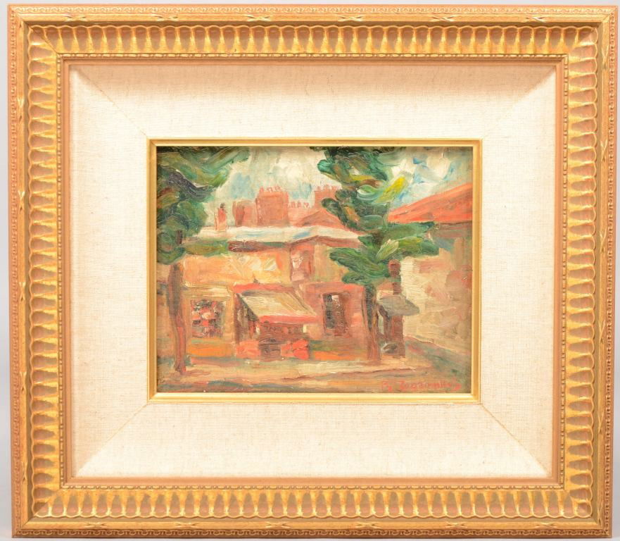 Impressionist View of a Building in a Town, Oil on: Impressionist View of a Building in a Town, Oil on Artist Board. Signed in lower right corner: "Pr. Zographos." Palette knife like brush strokes. Mounted on a fluted gilt frame with concave linen line