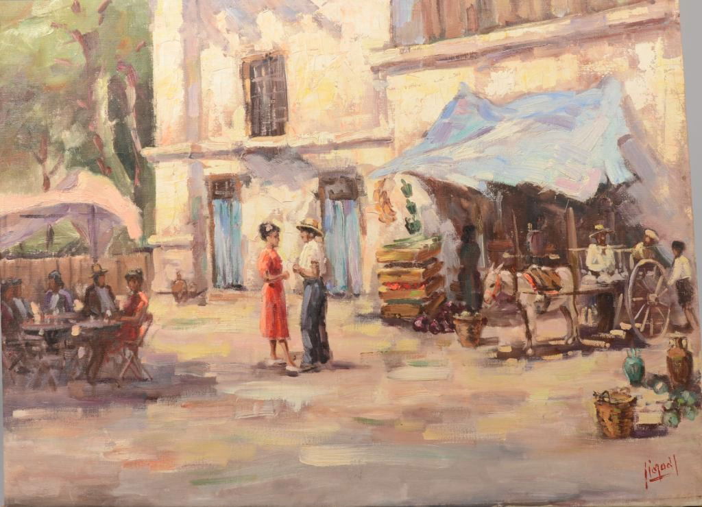Market Scene, Oil on Canvas. Signed in lower right: Market Scene, Oil on Canvas. Signed in lower right: "Fioradl", but not clear. Two people talking in a courtyard possibly in old Mexico or Italy. No frame: 22 1/4"h. X 30 1/2"w. Condition: Good. Has be
