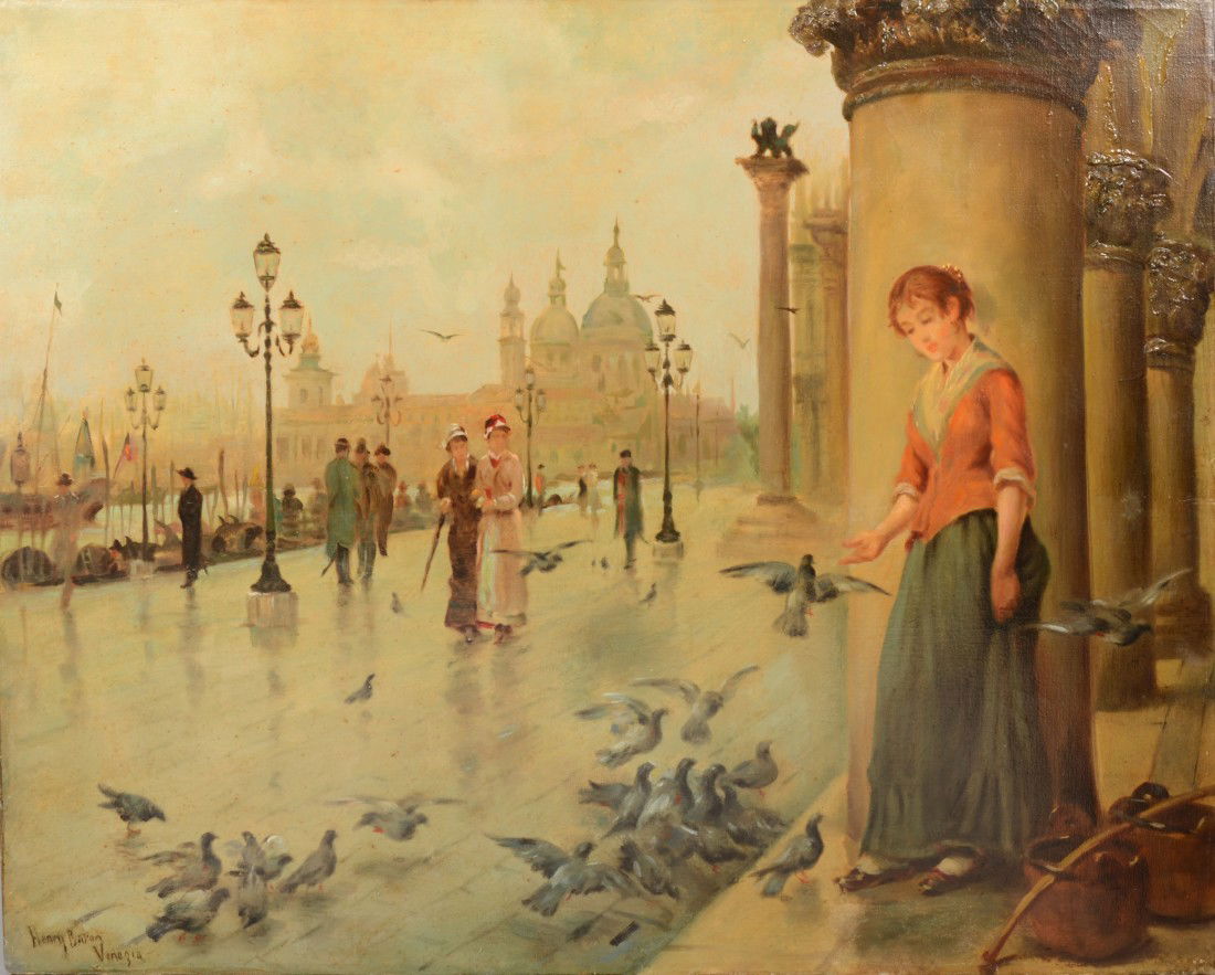 Italian Street Scene, Oil on Canvas. Image of woman: Italian Street Scene, Oil on Canvas. Image of woman feeding pigeons. Signed in lower left: " Henry Baron, Venezia." Stretcher mounted canvas, no frame. 24"h. X 30"w. Condition: Good.