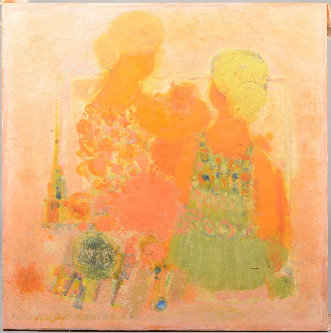 Impressionist Image of Two Women, Oil on Canvas. Si: Impressionist Image of Two Women, Oil on Canvas. Signed in lower left: " Menguy." Frederic Menguy, b.1927 and d. 2007, French. This canvas has been cut and re-lined with new waxed canvas and restretch