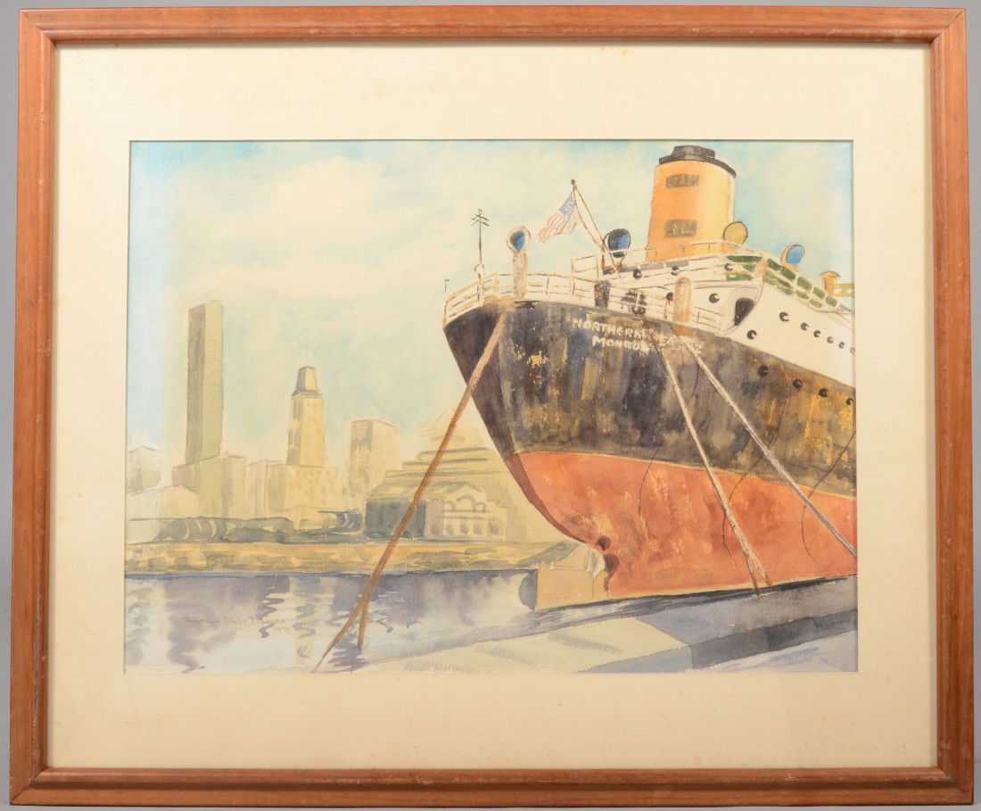 Cargo Ship at New York Dock, Watercolor on Paper. S: Cargo Ship at New York Dock, Watercolor on Paper. Stern end of a cargo ship at dockside with NYC skyline in background including first tower of World Trade Center. Signed in lower left: "Francis Davis