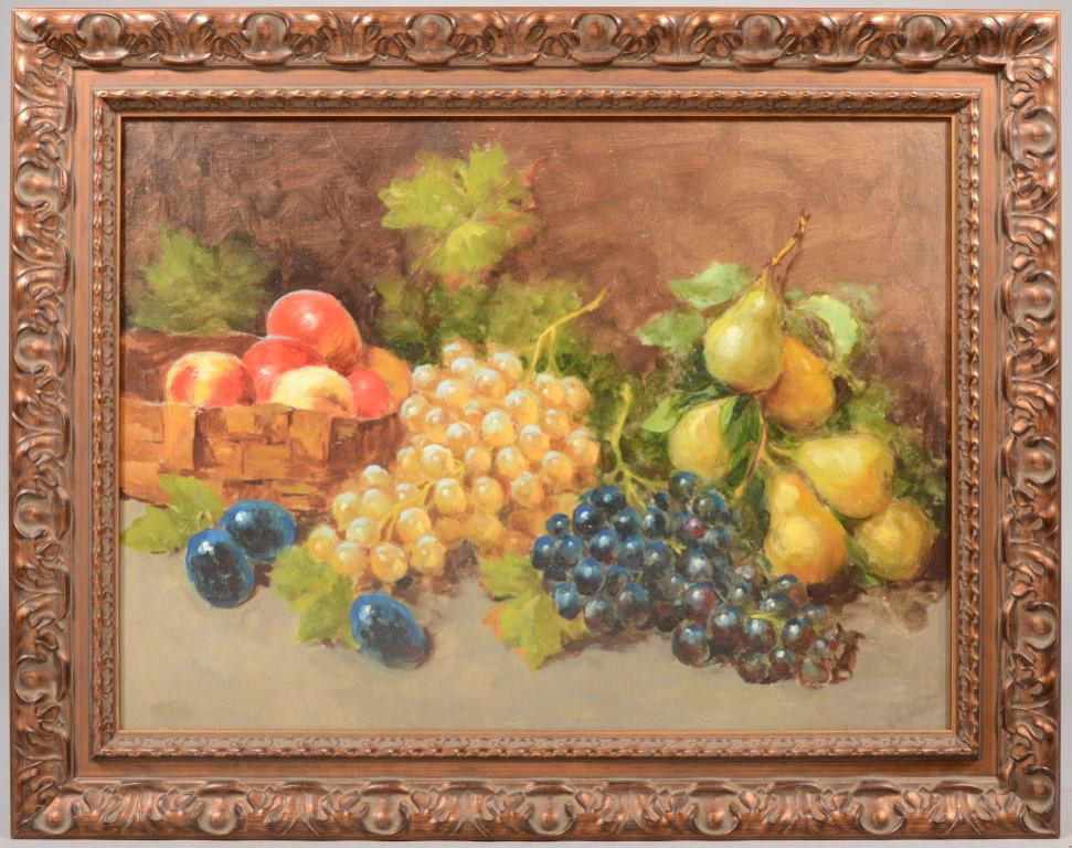 Fruit Still Life, Oil on Canvas on Masonite. Cut fr: Fruit Still Life, Oil on Canvas on Masonite. Cut from stretcher and glued down on masonite board. Signed in pencil on lower right corner: "V. Crappa." Painting in a bronzed and molded wood frame: 17"h