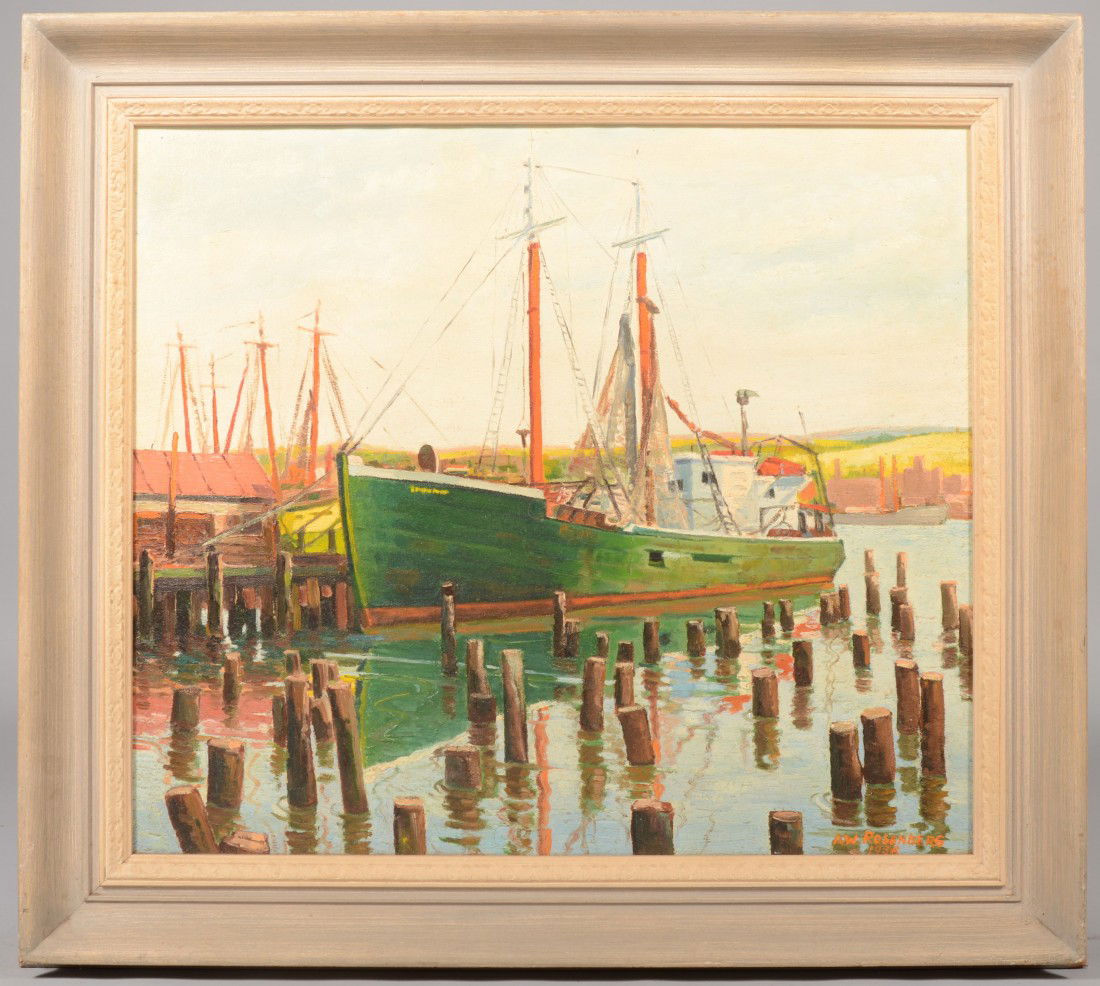 Fishing Boat in Dock, Oil on Canvas. Probably a vie: Fishing Boat in Dock, Oil on Canvas. Probably a view from Maryland's' Eastern Shore of a commercial fishing boat and pilings. Signed in lower right: "A. W. Rosenburg, 1956." Notation verso states that