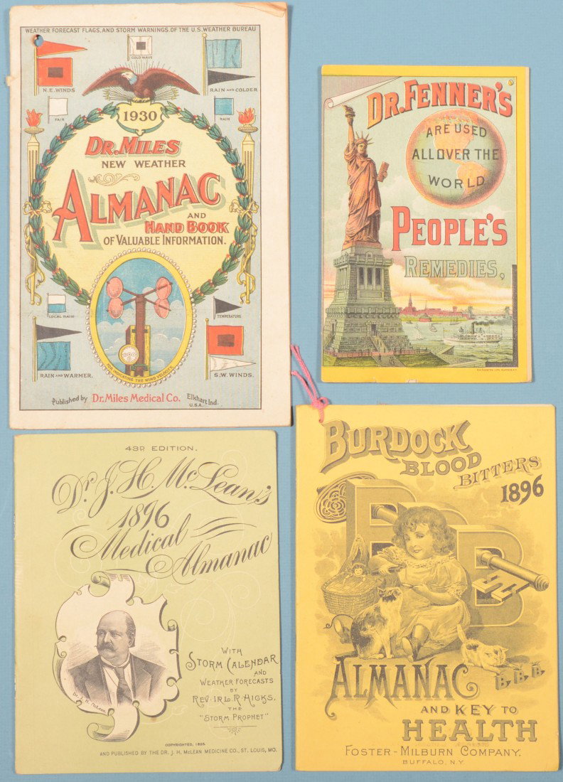 Four Piece Group of Advertising Pamphlets. Dr. Fenn: Four Piece Group of Advertising Pamphlets. Dr. Fenner's People's Remedies, J. Mace, Reamstown, PA.; Dr. J.H. McLean's Medical Almanac for 1896, Volcanic Oil Liniment for Man or Beast.; Burdock Blood B