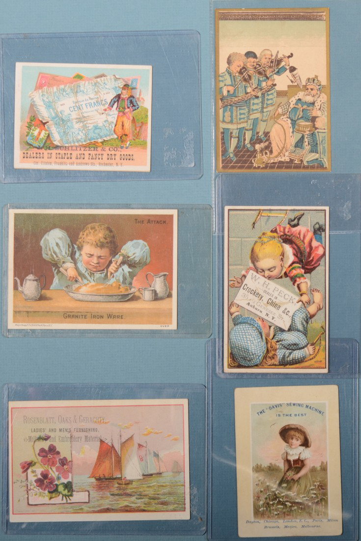 Group of Six Trade Cards. Yingst Carpets, Sweepers: Group of Six Trade Cards. Yingst Carpets, Sweepers & Oil Clothes, 111 Market St., Harrisburg, PA.; H. Schlitzer & Co., Dry Goods, Rochester, N.Y.; Granite Iron Ware, Van Buskirk & Bro., Hardware, Pott